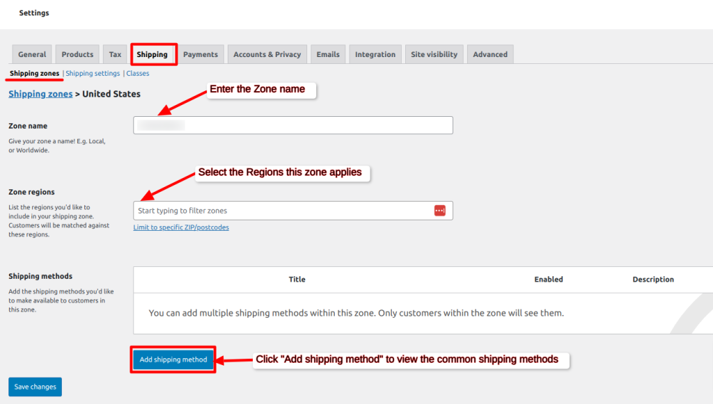 WooCommerce Shipping Zones setup page, with instructions to enter the zone name, select regions, and add shipping methods