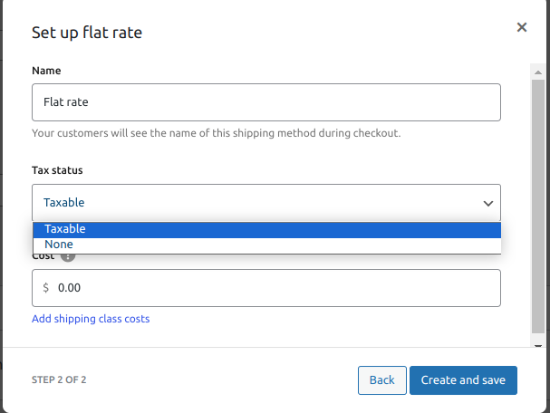 WooCommerce flat rate shipping setup with options to name the shipping method, select tax status, and set the cost