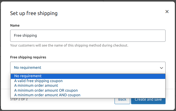 WooCommerce free shipping setup with options to name the method and set requirements such as a coupon or minimum order amount