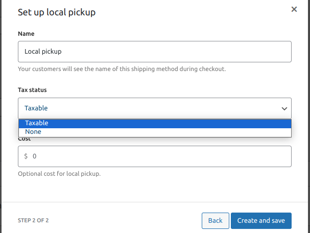 WooCommerce local pickup setup with options to name the method, select tax status, and set an optional cost for local pickup.