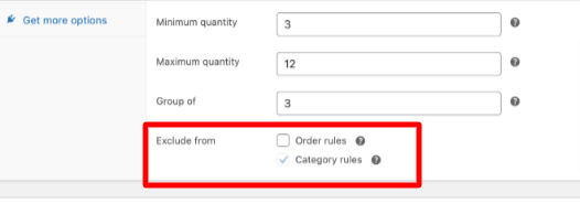 WooCommerce product settings to exclude product from order and category rules for minimum and maximum quantity