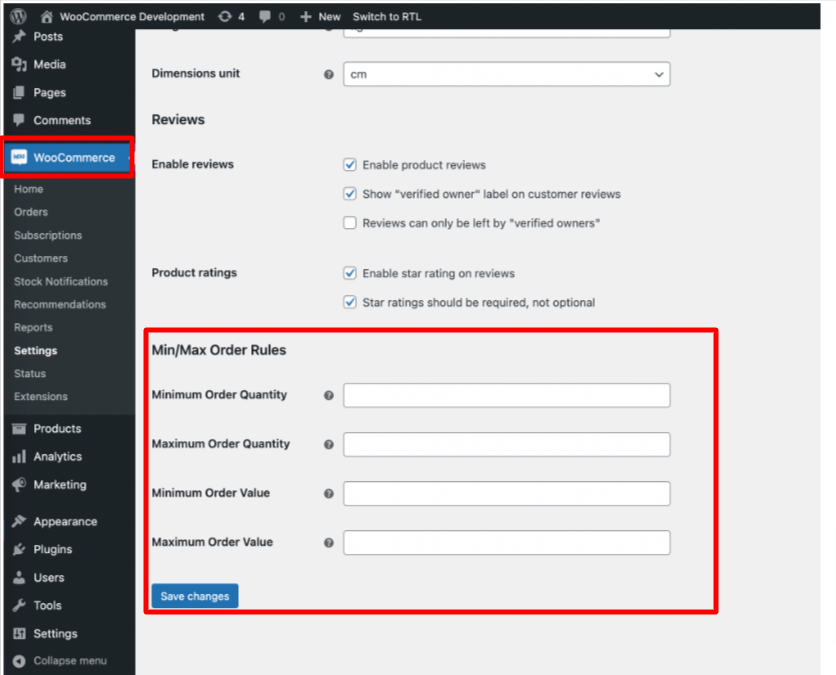 WooCommerce settings to configure minimum and maximum order quantity and value for your store.